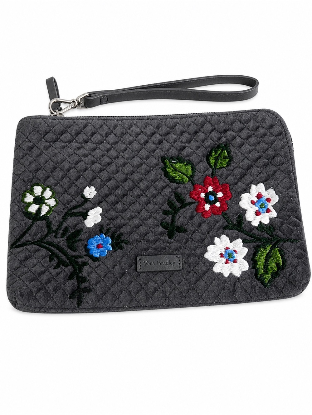 Vera Bradley Iconic RFID Wristlet Wolf Gray Velvet Embroidered Floral